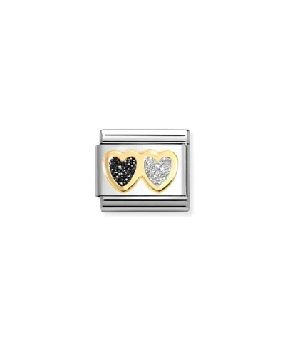 Charm, Composable Link, Double Heart, Black & Silver Glitter