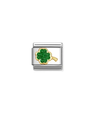 Charm, Composable Link, Four-Leaf Clover, Green Glitter