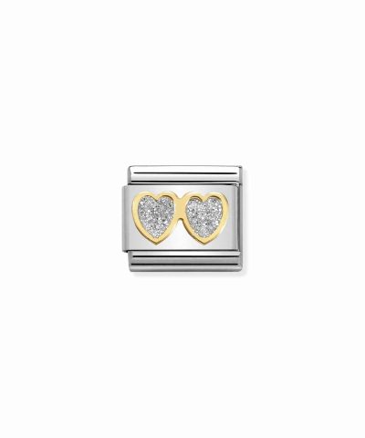 Composable Classic GLITTER SYMBOLS in steel, enamel and 18k gold Double SILVER hearts