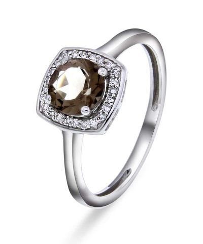 Rosettting i hvitt gull, Røkkvarts og Diamant 0.08ct (WSI)