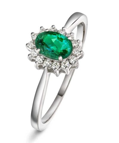 Ring i hvitt gull med diamant og smaragd 0,14 ct WSI