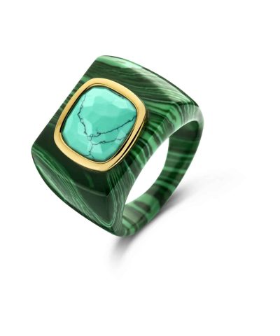 Ti Sento - Milano gold-plated silver ring 12255MA with malachite green stone and turquoise centre stone