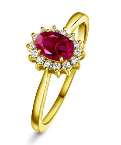 Ring i gult gull med diamant og rubin 0,14 ct WSI