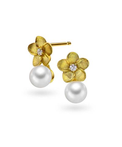 Øredobber i gull m/dia. 0,04 WSI , blomst, perle