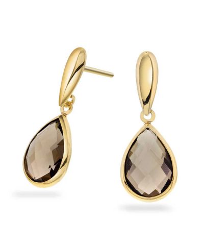 Øredobber i gult gull med røkkvarts dråpe