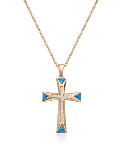 Anheng Kors i 14K gult gull med hvite og blå CZ