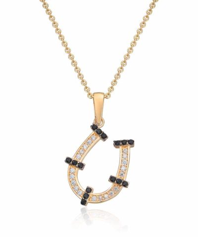 Anheng hestesko i 14K gult gull med sorte og hvite Cz