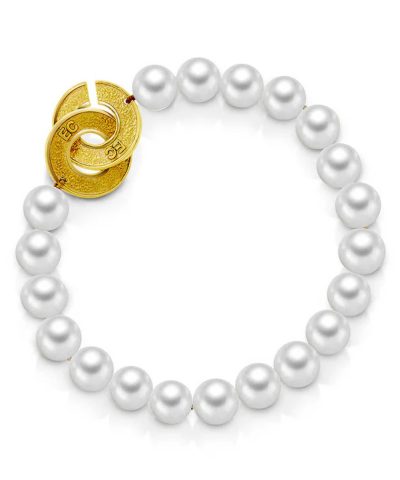 Armbånd i ferskvannsperler 8-9 mm perler med gult gull lås