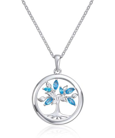 Anheng Livets tre i sølv rhodinert med blå cirkoner