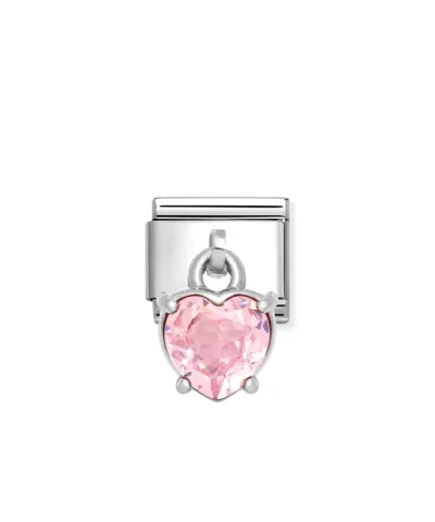 Charm, Composable Link, Pendant Heart Cut Stone, Pink