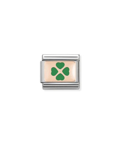 Composable Classic PLATES in stainless steel with 9k rose gold and enamel Green Four-Leaf Clover