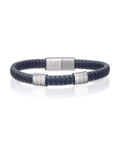 SANDER armbånd stål og sort/blått lær