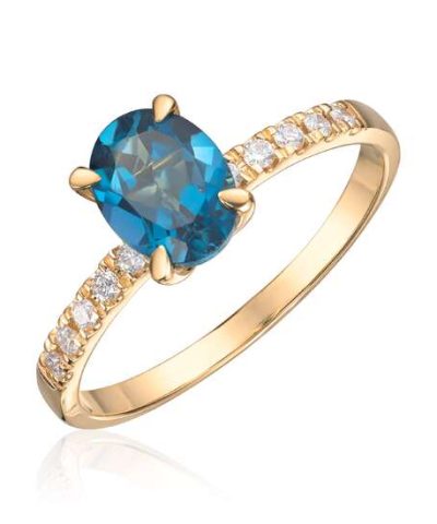 Ring i gult gull med oval london blue topaz og 0,12ct WSI diamanter på skinnen