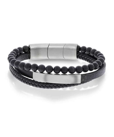 Armbånd i stål og sort skinn