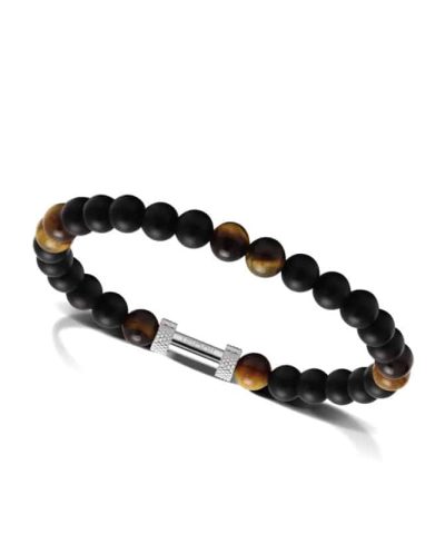 Zen bracelet with 6mm beads in black agate tiger's eyes quartz knurled