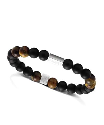 Zen bracelet with 8mm beads in black agate tiger's eyes quartz knurled