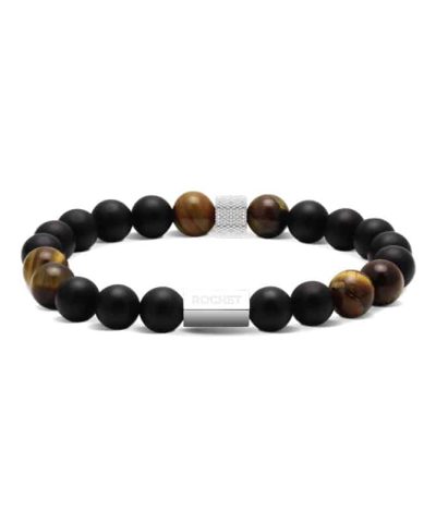 Alternative view of Zen bracelet with 8mm beads in black agate tiger's eyes quartz knurled