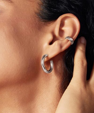Alternative view of Ania Haie Silver Classic Tube Medium Huggie Hoop Earrings