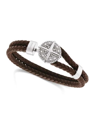 Bracelet CAP HORN 21cm Steel Polished and brown Braided leather strap