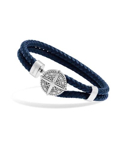 Bracelet Polished steel CAP HORN 10mm and Blue navy braided leather