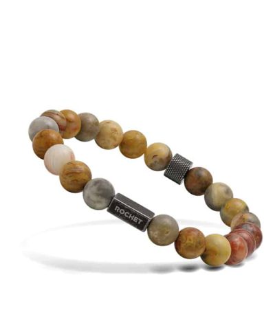 Bracelet ZEN with Beads 8mm Crazy lace agate and Knurled vintage steel