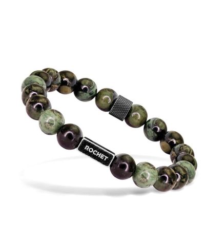 Bracelet ZEN with Beads 8mm Kambala Jasper and Knurled vintage steel