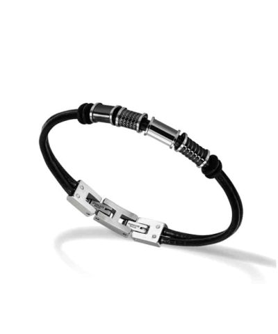Bracelet MERCURY leather cords with polished steel and carbon beads 21cm