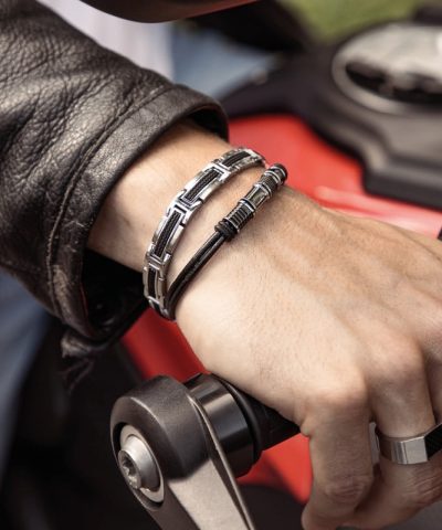 Alternative view of Bracelet MERCURY leather cords with polished steel and carbon beads 21cm