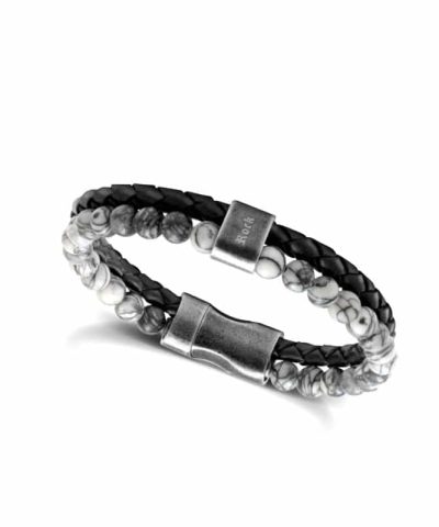 Bracelet KARMA 22cm black braided leather strap and grey jasper