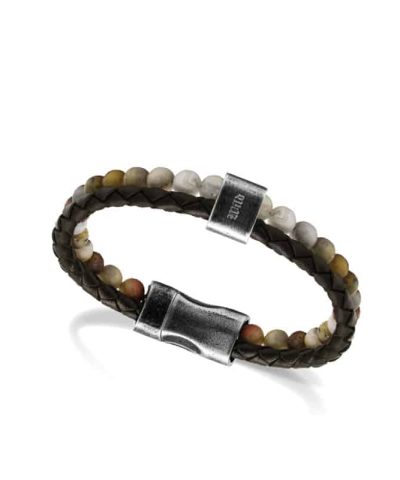 Bracelet KARMA 22cm brown braided leather strap and crazy lace agates