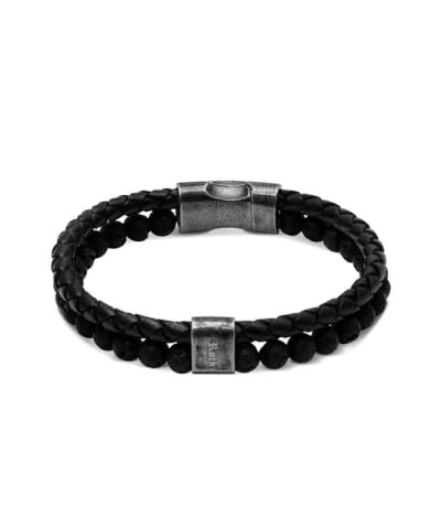 Alternative view of Bracelet KARMA 22cm black braided leather strap and black lava stones