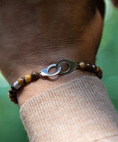 Alternative view of Bracelet TALISMAN 6mm steel with tiger eyes and black polyester