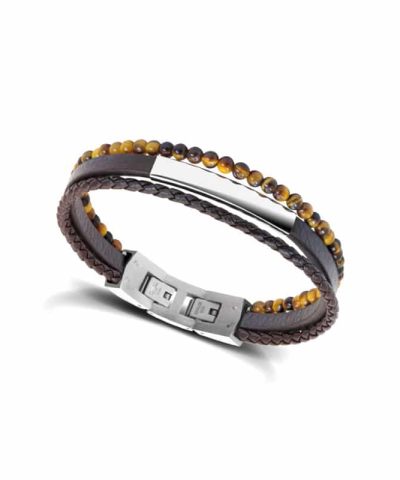 Bracelet YALE Steel and 5mm brown flat leather 3mm brown braided. 4mm tiger eyes