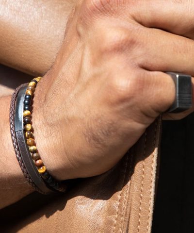 Alternative view of Bracelet YALE Steel and 5mm brown flat leather 3mm brown braided. 4mm tiger eyes