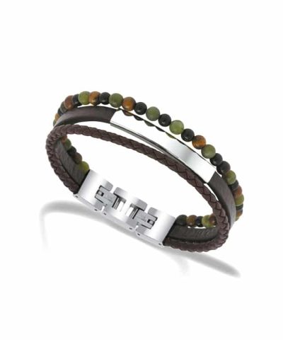Bracelet YALE Steel and 5mm brown flat leather, 3mm brown braided. 4mm green jasper and tiger eyes.