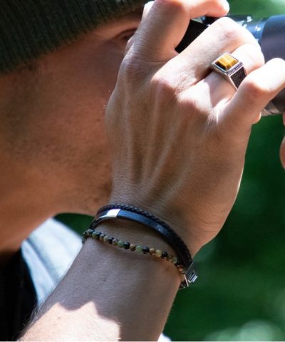 Alternative view of Bracelet YALE Steel and 5mm brown flat leather, 3mm brown braided. 4mm green jasper and tiger eyes.