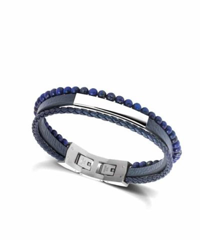 Bracelet YALE Steel and 5mm blue flat leather 3mm blue braided. 4mm lapis lazuli.