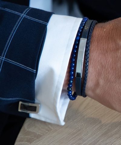 Alternative view of Bracelet YALE Steel and 5mm blue flat leather 3mm blue braided. 4mm lapis lazuli.