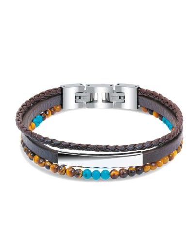 Alternative view of Bracelet YALE Steel and 5mm brown flat leather, 3mm brown braided. 4mm turquoise & tiger eyes.