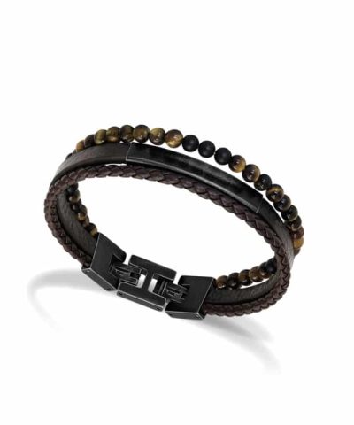 Bracelet YALE Vintage steel, brown flat leather 5mm, brown braided