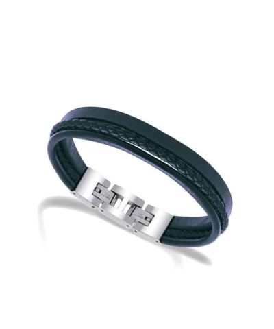 Bracelet STANFORD polished steel 3 navy flat, braided and round. Leather. 21mm
