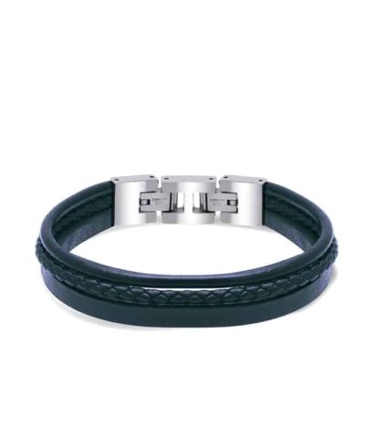 Alternative view of Bracelet STANFORD polished steel 3 navy flat, braided and round. Leather. 21mm