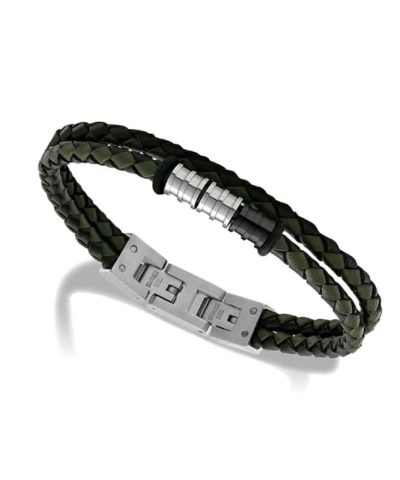 Bracelet GENTLEMAN 8mm Khaki and Black braided leather with Polished 21cm