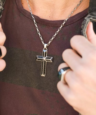 Alternative view of Pendant Steel/Carbon APOLLO 32mm Satined steel/Black carbon Cross + Chain 50cm