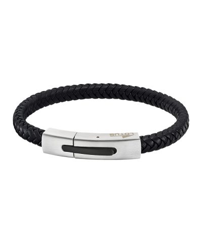 Lotus Style, armbånd i skinn og stål, sort (bredde 7,5 mm, lengde 21 cm) - LS2055-2-1