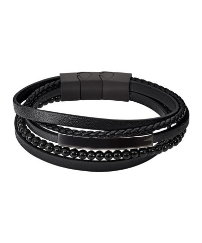 Lotus Style, armbånd i skinn og stål, sort (bredde 13,5 mm, lengde 21,8 cm) - LS2144-2-4