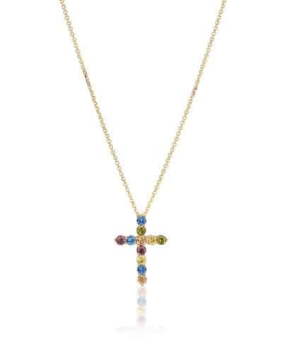 Sif Jakobs Necklace Belluno Croce  - 18k Gold Plated, With Multicoloured Zirconia